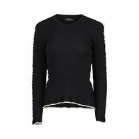 Black ribbed knit sweater with long sleeves and white trim on cuffs and hem, front view
