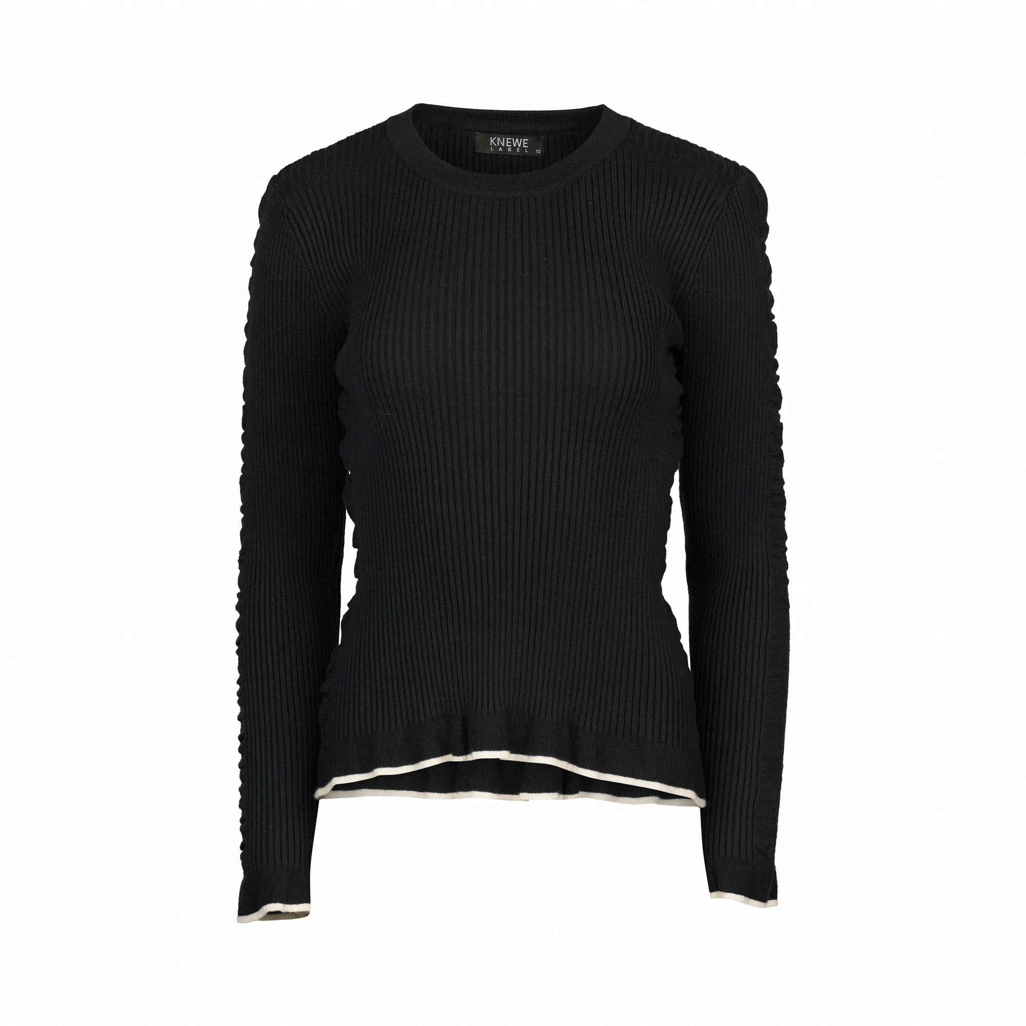 Black ribbed knit sweater with long sleeves and white trim on cuffs and hem, front view