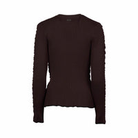 Back view of chocolate brown ribbed knit sweater with long sleeves and fitted silhouette