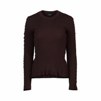 Chocolate brown ribbed knit sweater with long sleeves and crew neck, front view