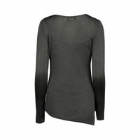 Back view of fog grey long sleeve knit sweater with asymmetric hem on white background