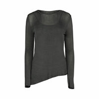 Sheer fog grey long sleeve knit sweater with asymmetric hem, scoop neckline, front view