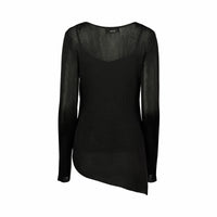 Black long sleeve knit sweater with asymmetrical hem, back view on white background