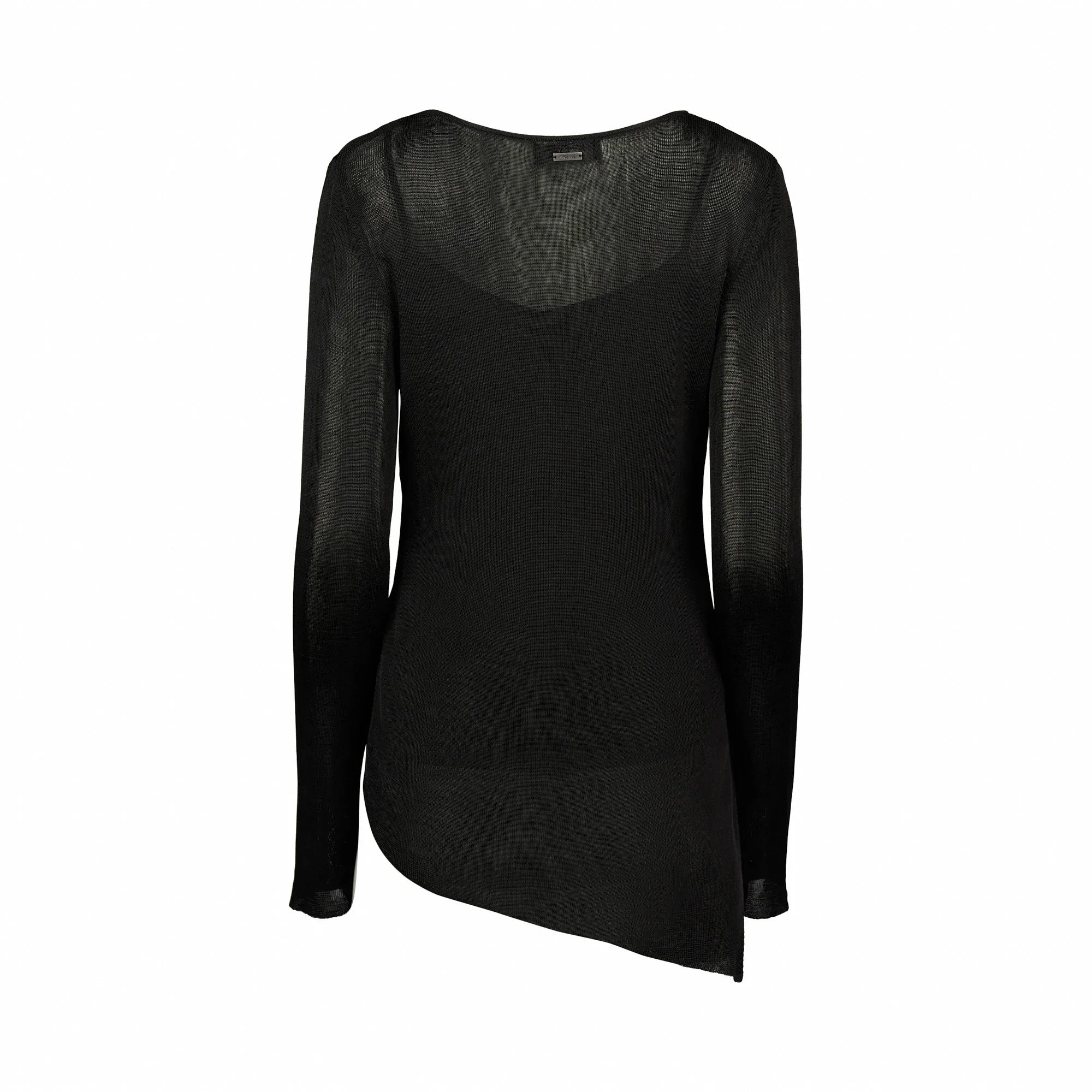 Black long sleeve knit sweater with asymmetrical hem, back view on white background