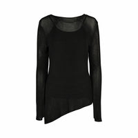 Black long sleeve knit sweater with sheer fabric and asymmetrical hem on white background