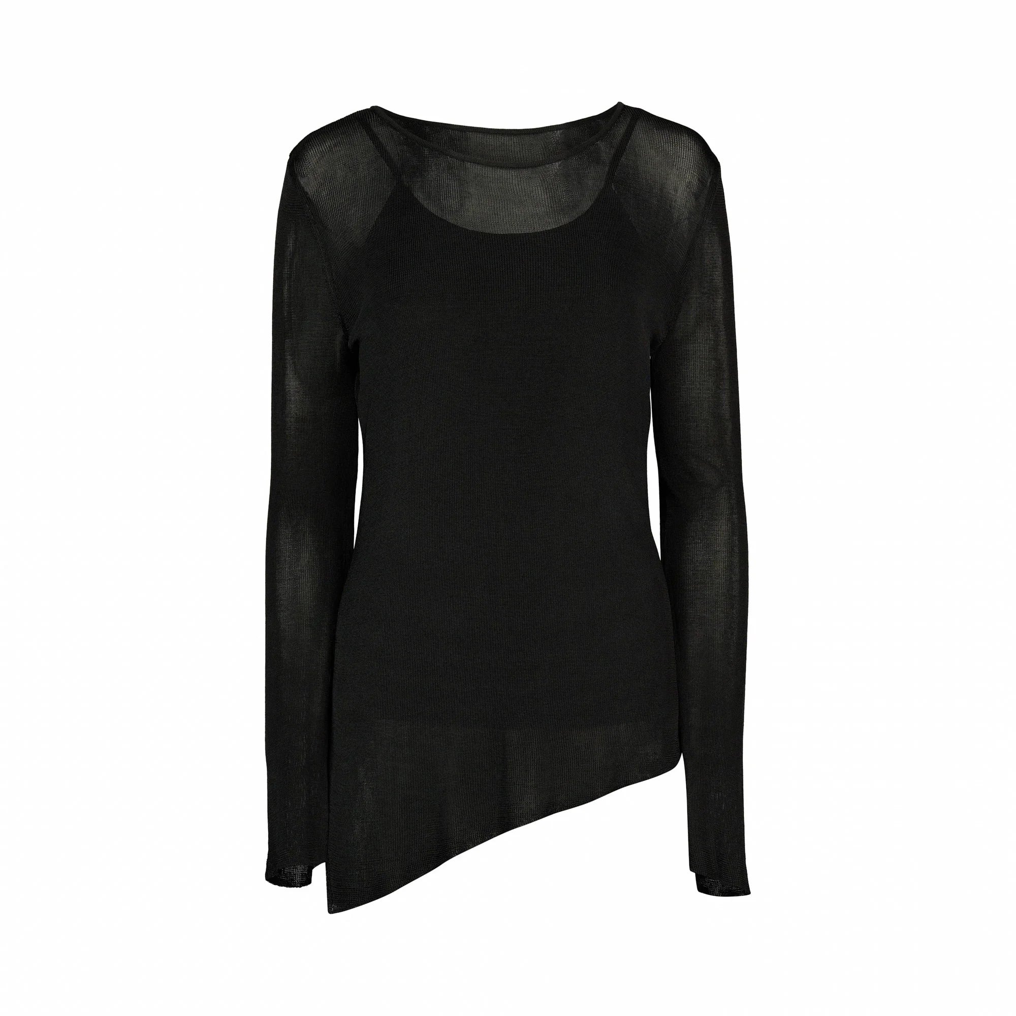 Black long sleeve knit sweater with sheer fabric and asymmetrical hem on white background