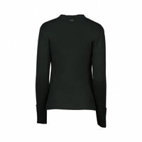 Back view of a dark green ribbed knit sweater with long sleeves and crew neckline