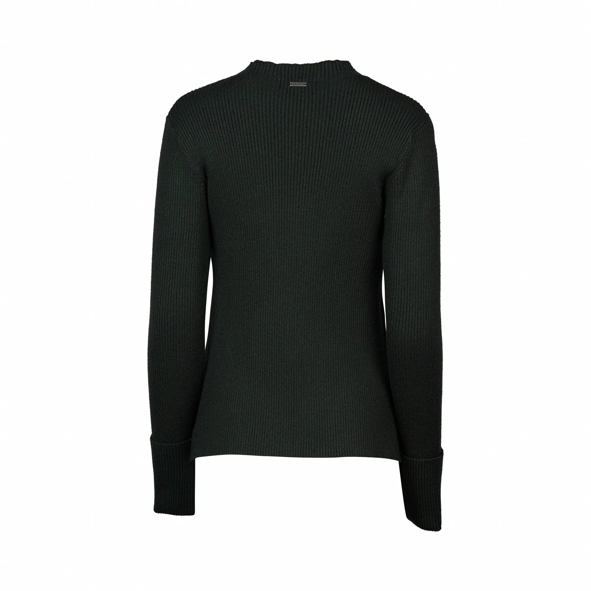 Back view of a dark green ribbed knit sweater with long sleeves and crew neckline