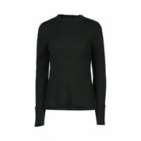 Dark green ribbed knit sweater with long sleeves and a crew neck on a white background.