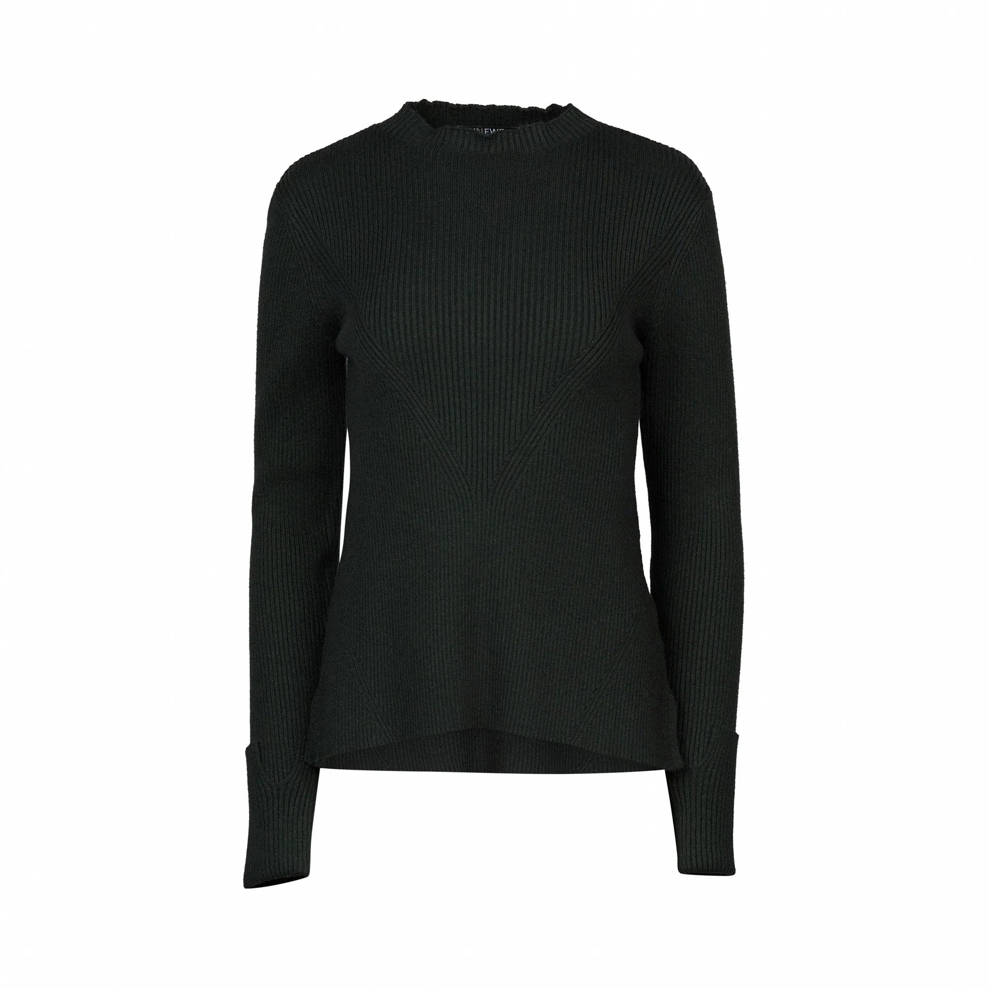 Dark green ribbed knit sweater with long sleeves and a crew neck on a white background.