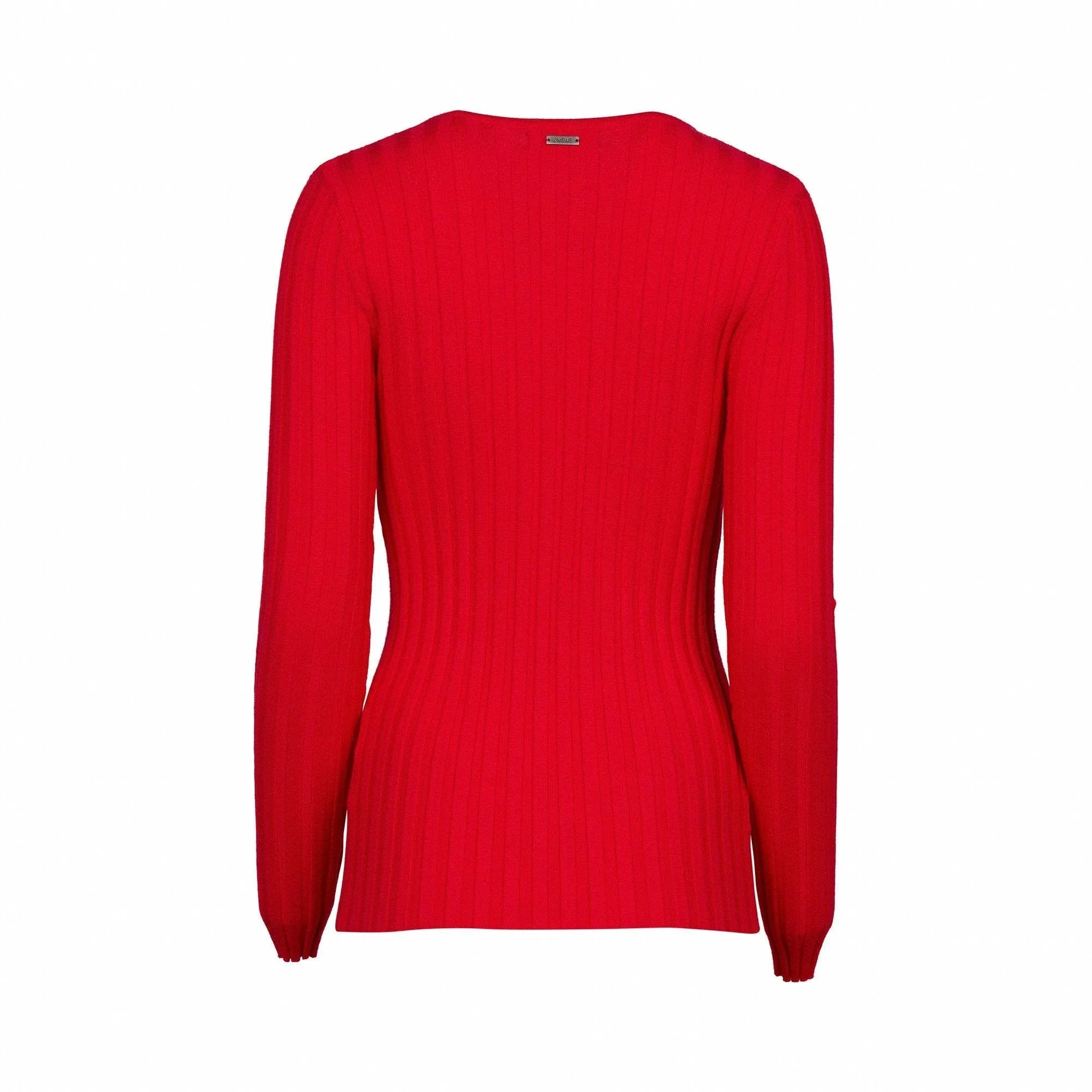Back view of a ribbed red knit sweater with long sleeves on a white background.