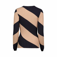 Back view of ribbed knit sweater with beige and navy diagonal stripes, long sleeves