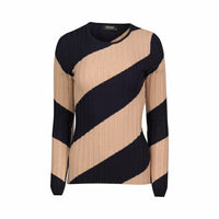 Long sleeve ribbed sweater with tan and navy diagonal stripes, round neckline, front view