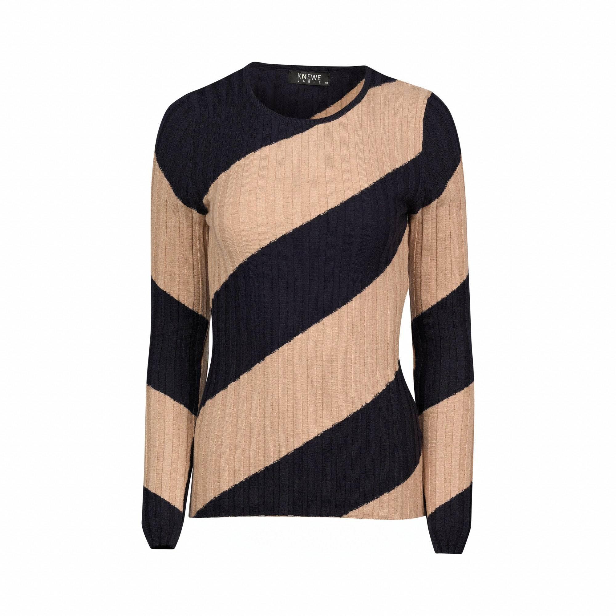 Long sleeve ribbed sweater with tan and navy diagonal stripes, round neckline, front view