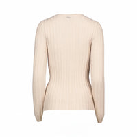Back view of oatmeal ribbed long sleeve knit sweater on white background