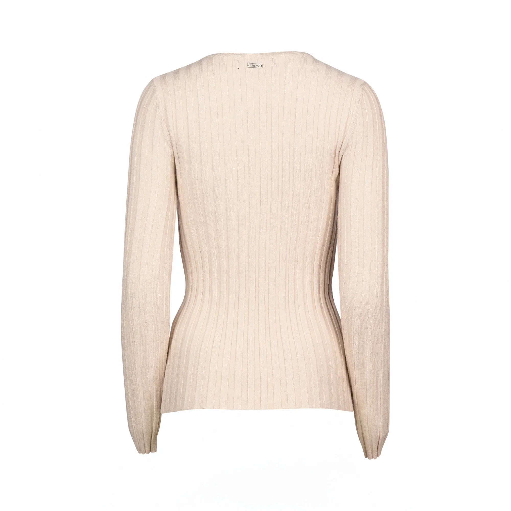 Back view of oatmeal ribbed long sleeve knit sweater on white background