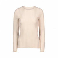 women's oatmeal ribbed knit sweater with long sleeves and crew neck on white background