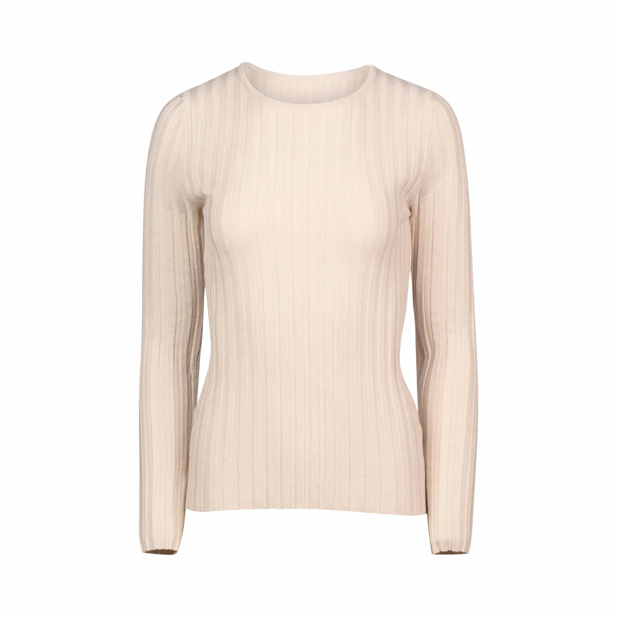 women's oatmeal ribbed knit sweater with long sleeves and crew neck on white background