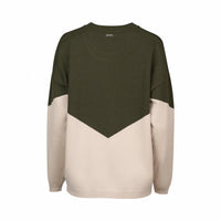 Back view of a hunter green and oatmeal colorblock knit sweater with chevron design
