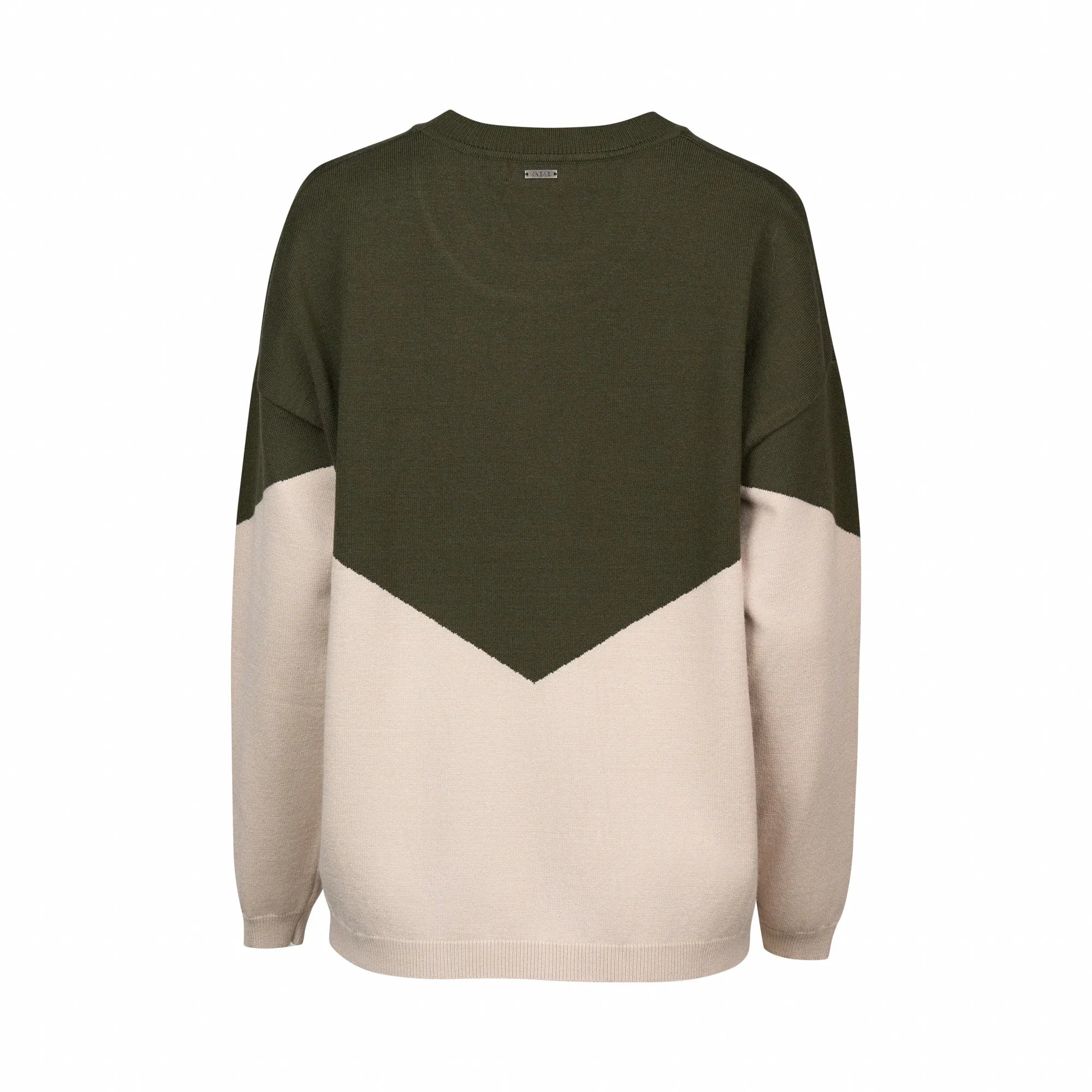 Back view of a hunter green and oatmeal colorblock knit sweater with chevron design