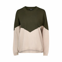 Two-tone hunter green and oatmeal women's knit sweater with chevron design, crew neck, long sleeves.