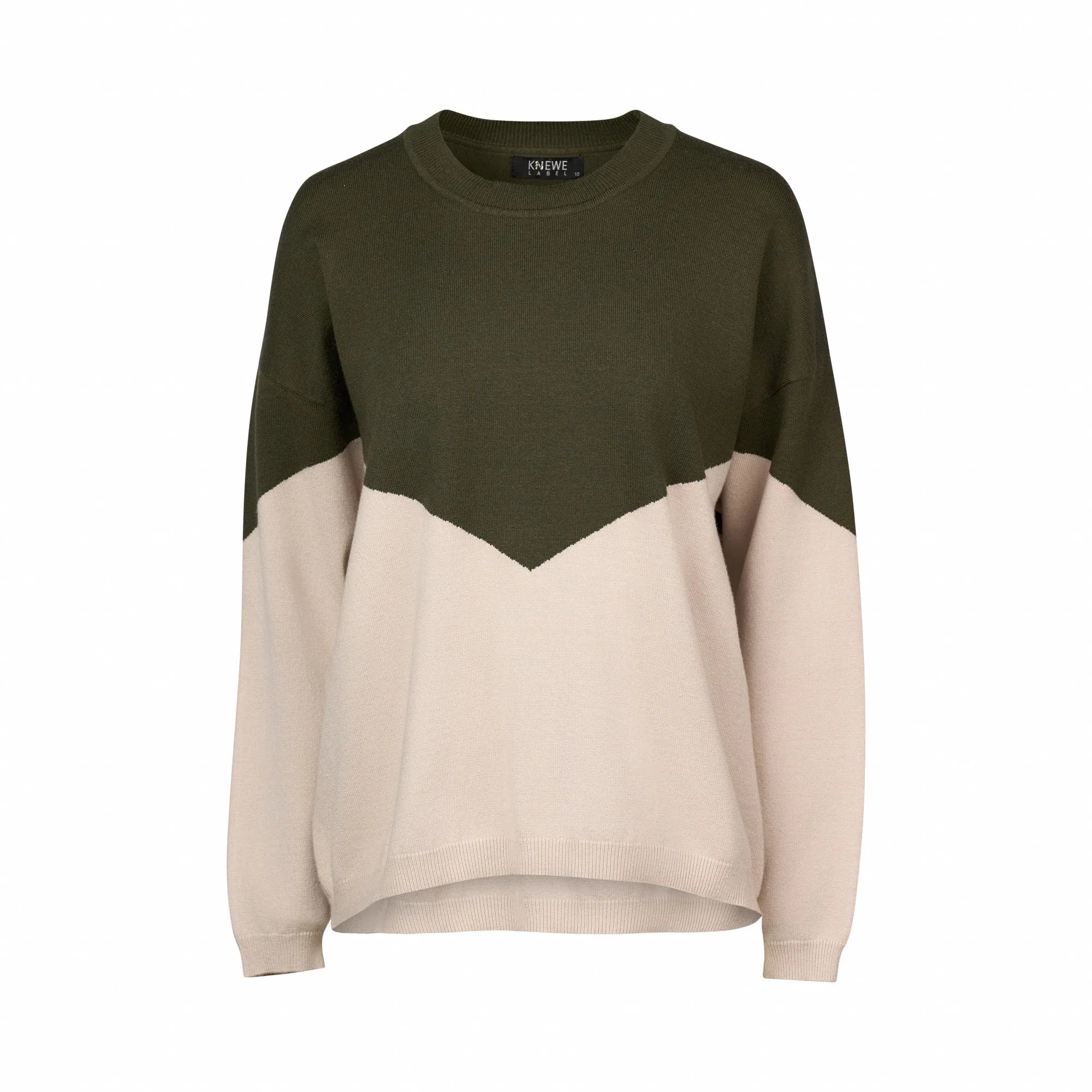 Two-tone hunter green and oatmeal women's knit sweater with chevron design, crew neck, long sleeves.