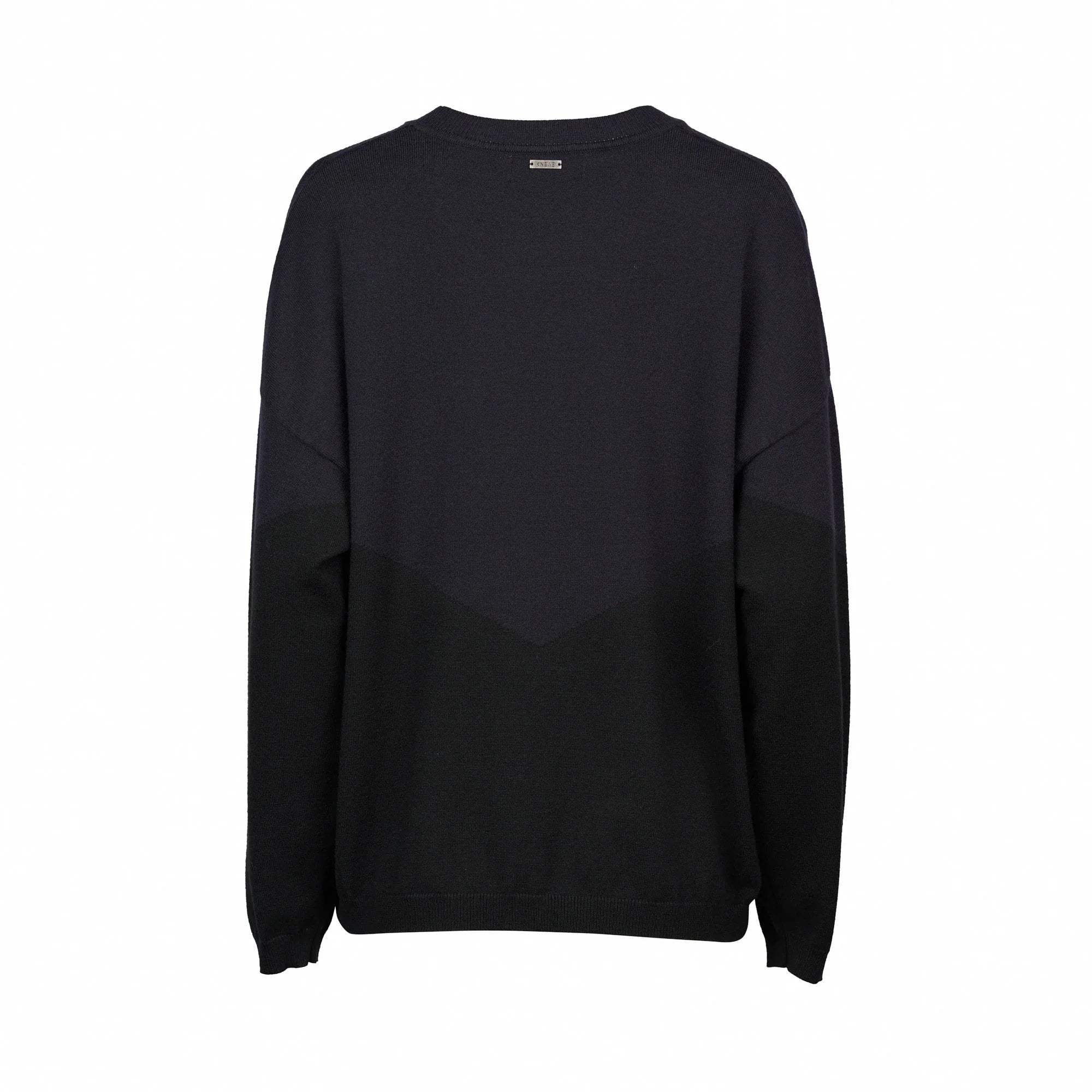 Back view of ink black two-tone knit sweater with chevron pattern and relaxed fit
