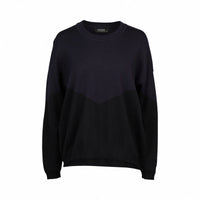 Women's ink black crew neck sweater with chevron color block and relaxed fit, front view
