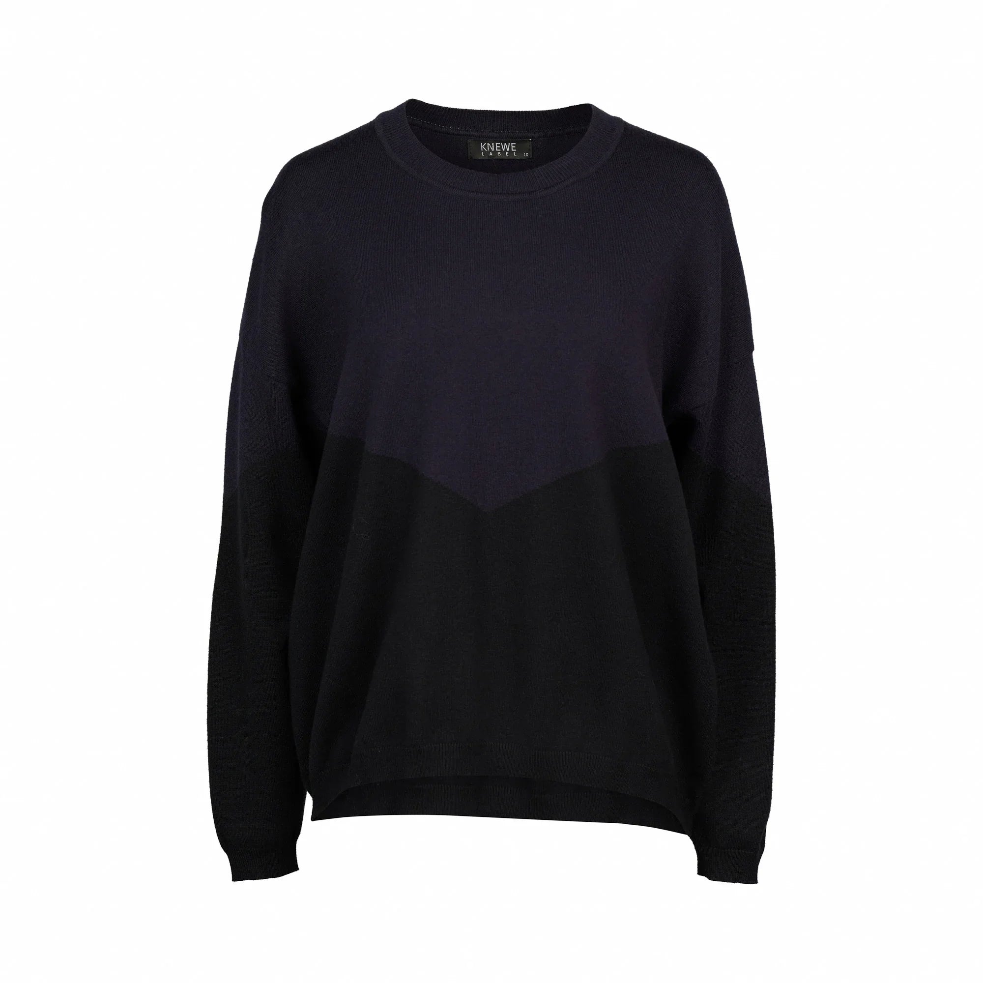 Women's ink black crew neck sweater with chevron color block and relaxed fit, front view