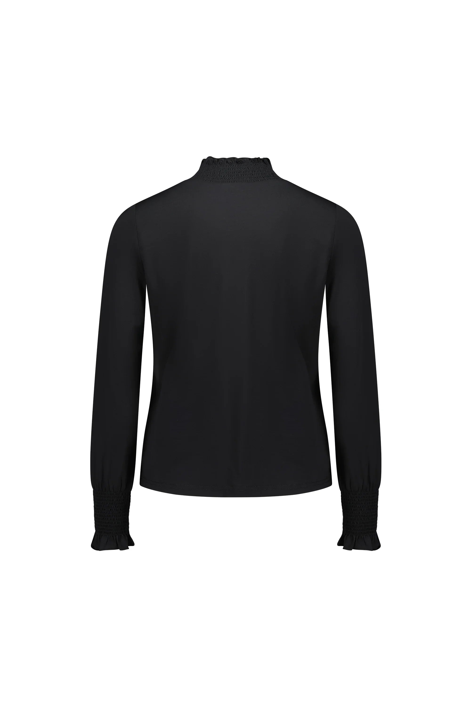 Back view of long sleeve black blouse with shirred cuffs and neckline, isolated on white