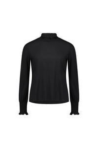 Black long sleeve blouse with shirred high neck and cuffs, modern minimalist design