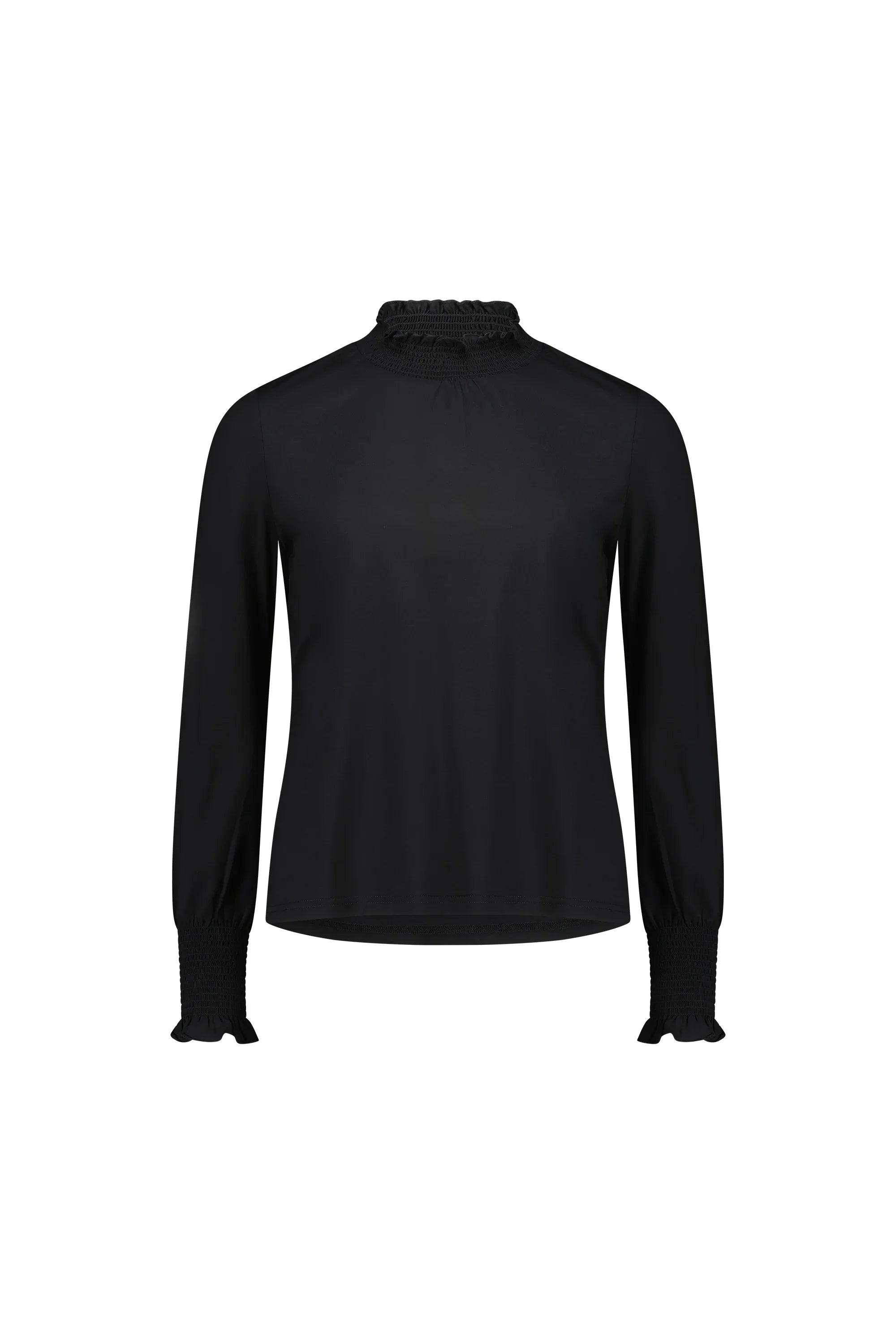 Black long sleeve blouse with shirred high neck and cuffs, modern minimalist design