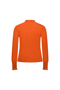 Back view of orange long sleeve top with shirred cuffs and ruffled high neckline