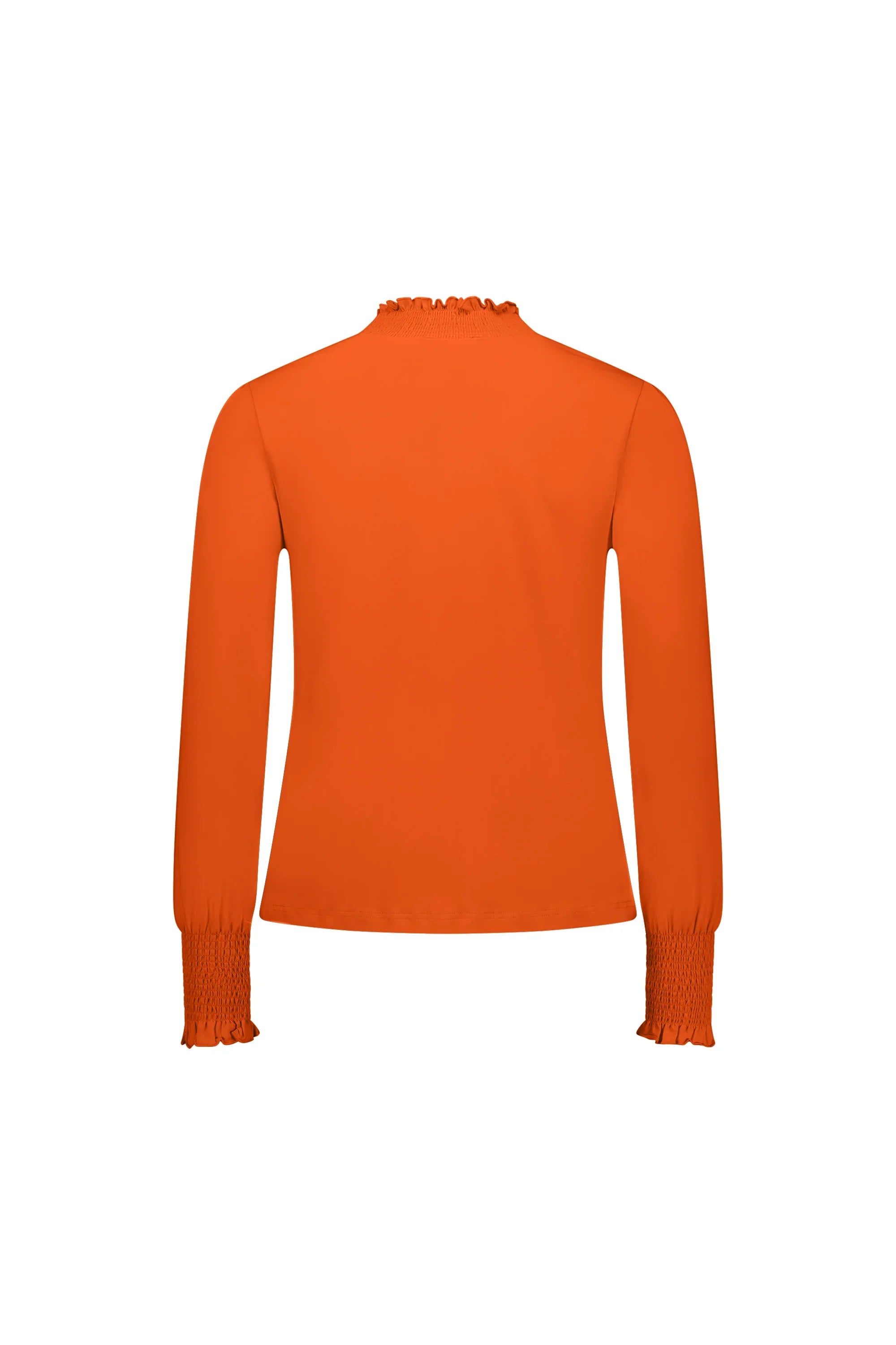 Back view of orange long sleeve top with shirred cuffs and ruffled high neckline