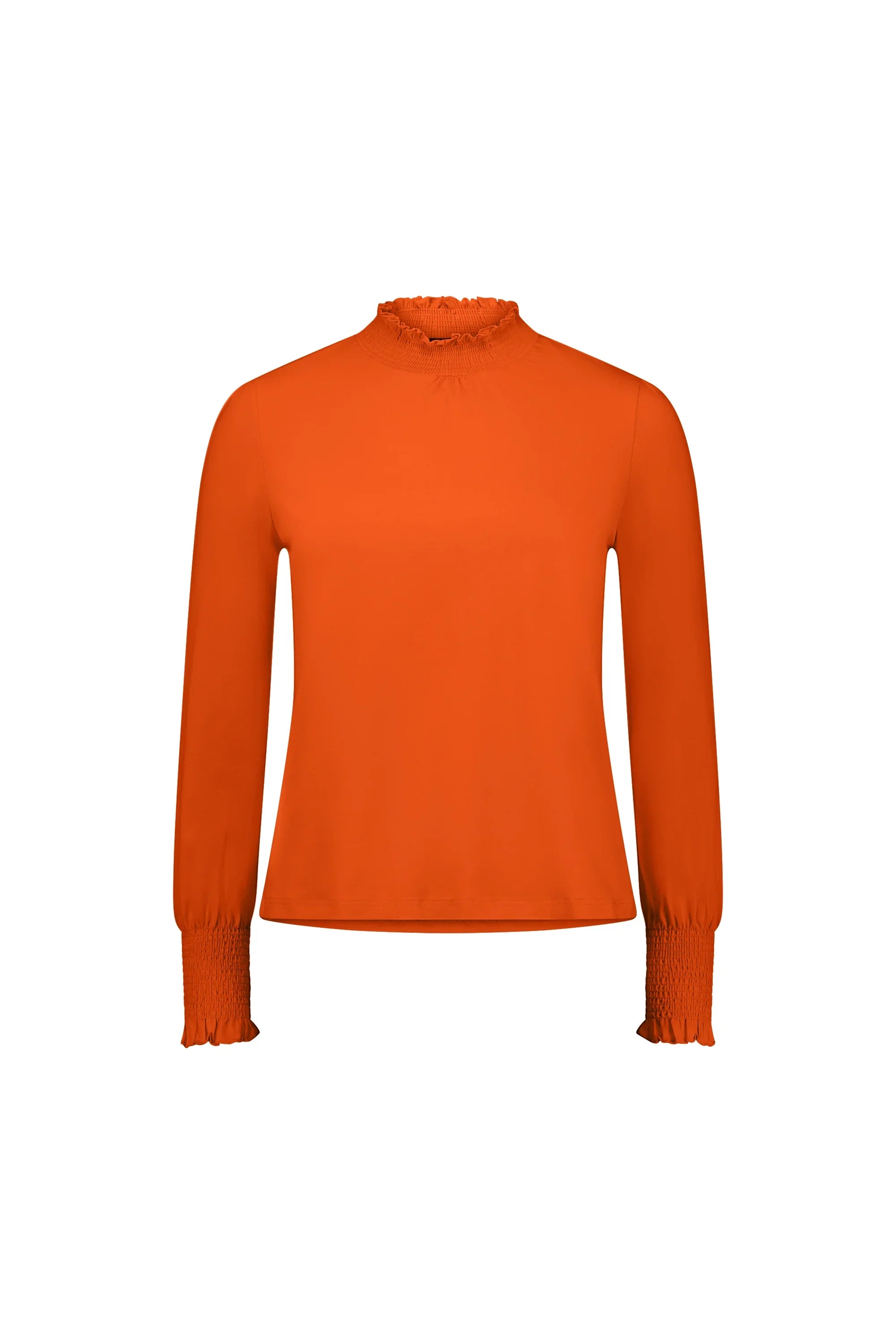 Bright orange long sleeve top with shirred cuffs and mock neck, displayed on a white background.