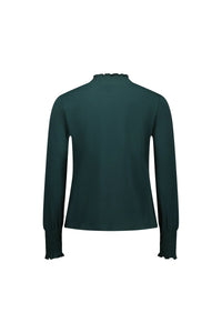 Back view of long sleeve dark green women's top with smocked cuffs and ruffled high neck