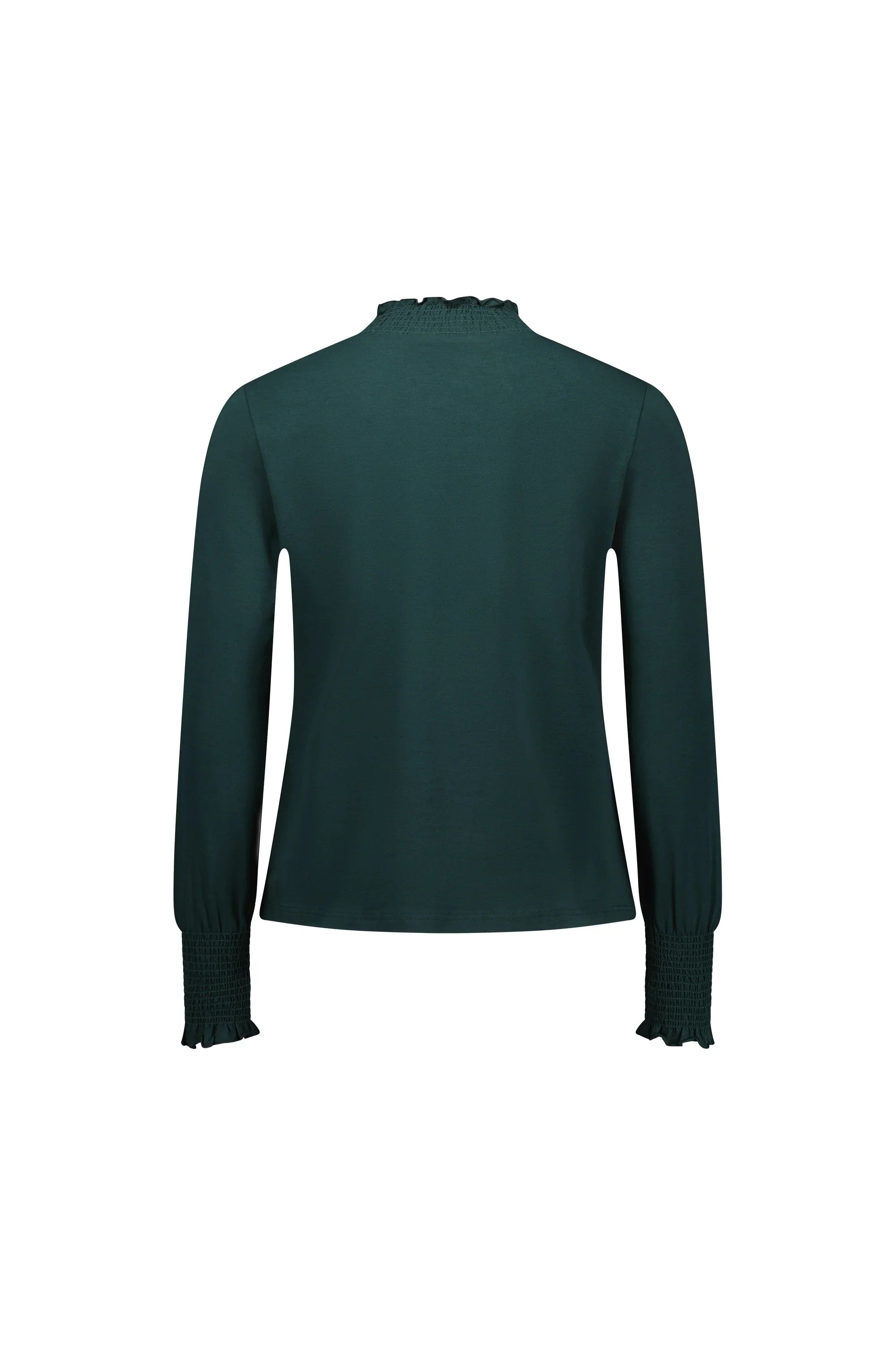 Back view of long sleeve dark green women's top with smocked cuffs and ruffled high neck