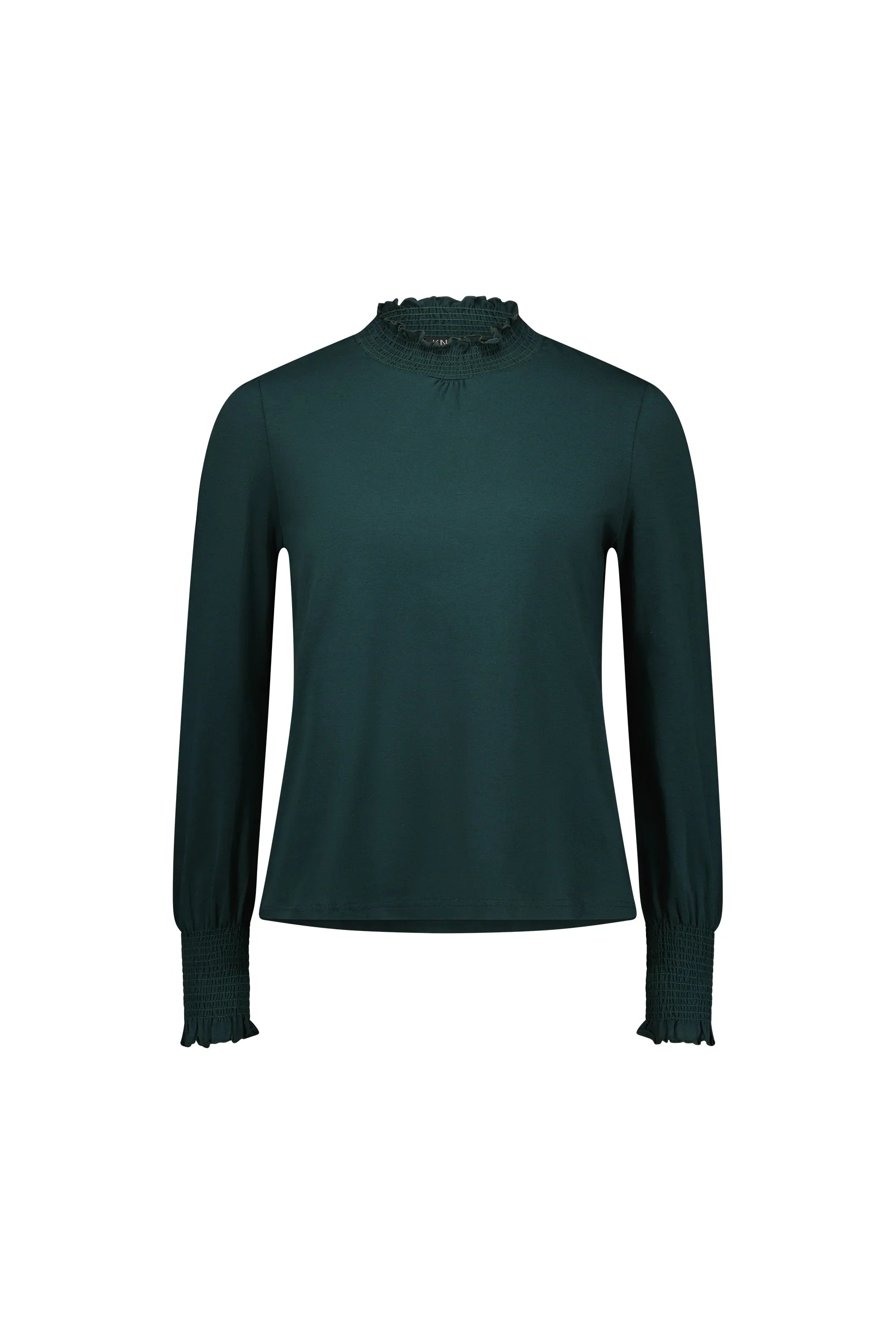 Dark green long sleeve blouse with ruffled mock neck and smocked cuffs on white background