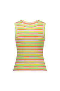 Back view of sleeveless ribbed tank top with colorful horizontal stripes