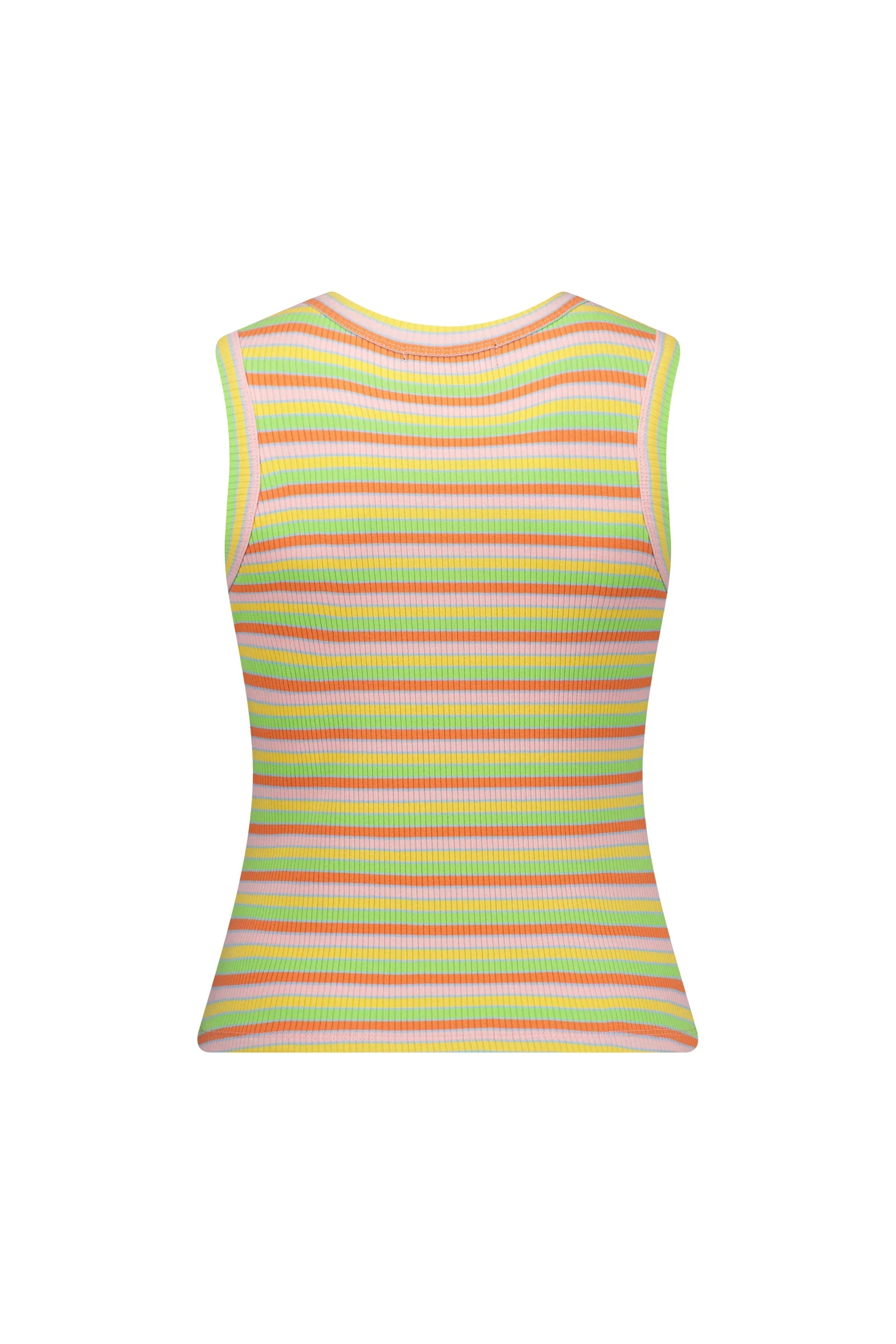 Back view of sleeveless ribbed tank top with colorful horizontal stripes
