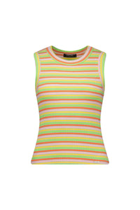 Sleeveless ribbed tank top with colorful horizontal stripes in yellow, orange, and pink