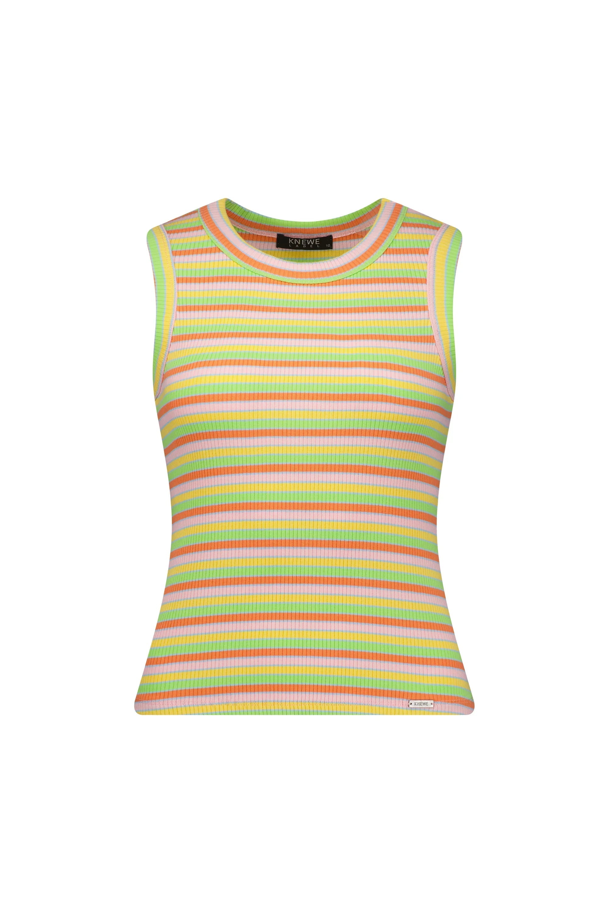 Sleeveless ribbed tank top with colorful horizontal stripes in yellow, orange, and pink