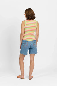 Woman wearing a colorful striped tank top and denim shorts, rear view, on white background