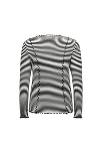 Back view of black and off-white striped long sleeve top with lettuce hem and wavy seams