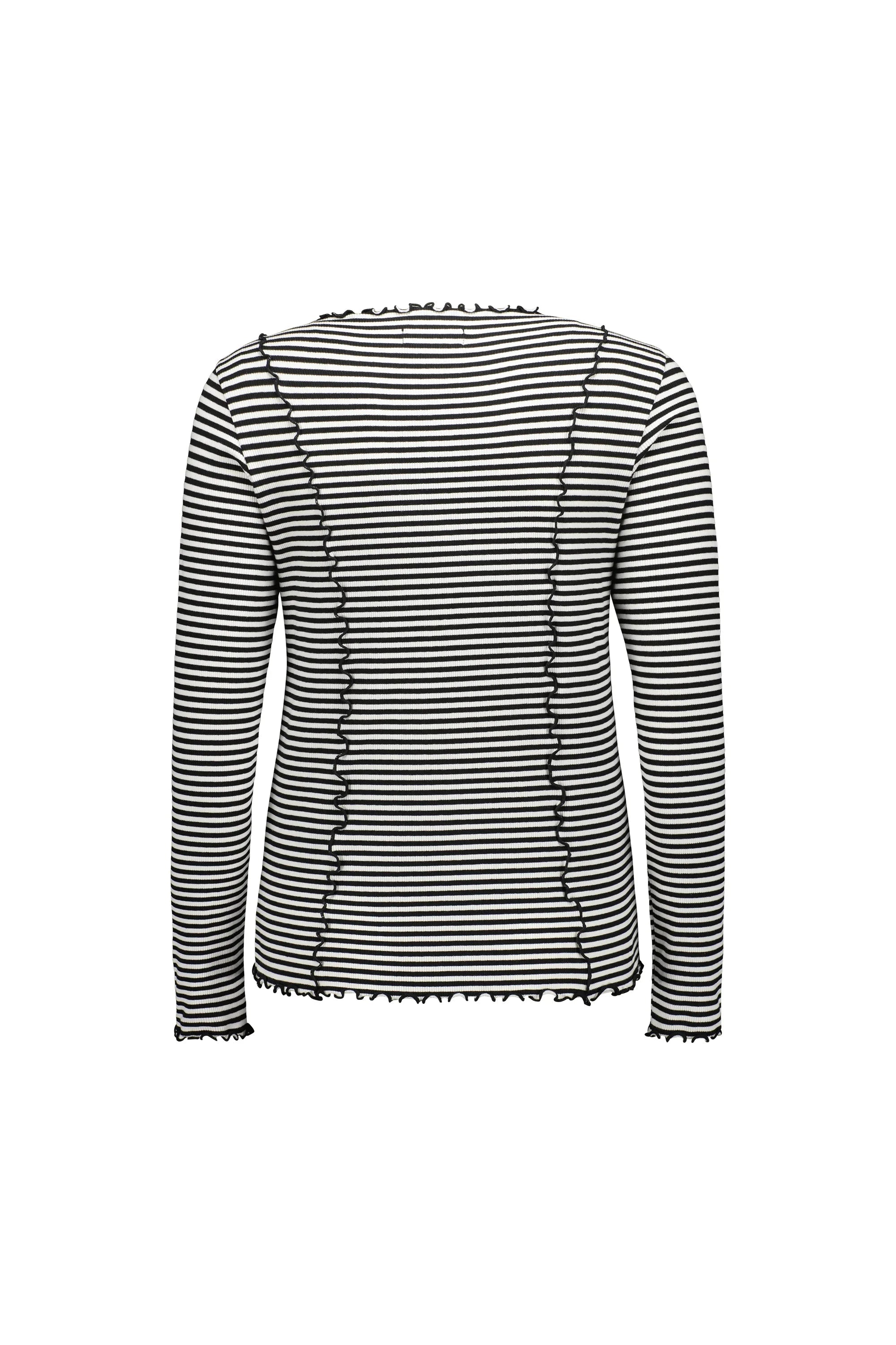Back view of black and off-white striped long sleeve top with lettuce hem and wavy seams