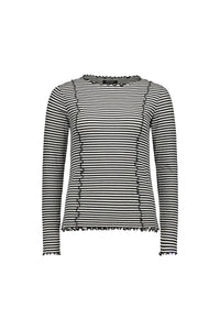 Black and off-white striped long sleeve top with lettuce edge hem and seam details