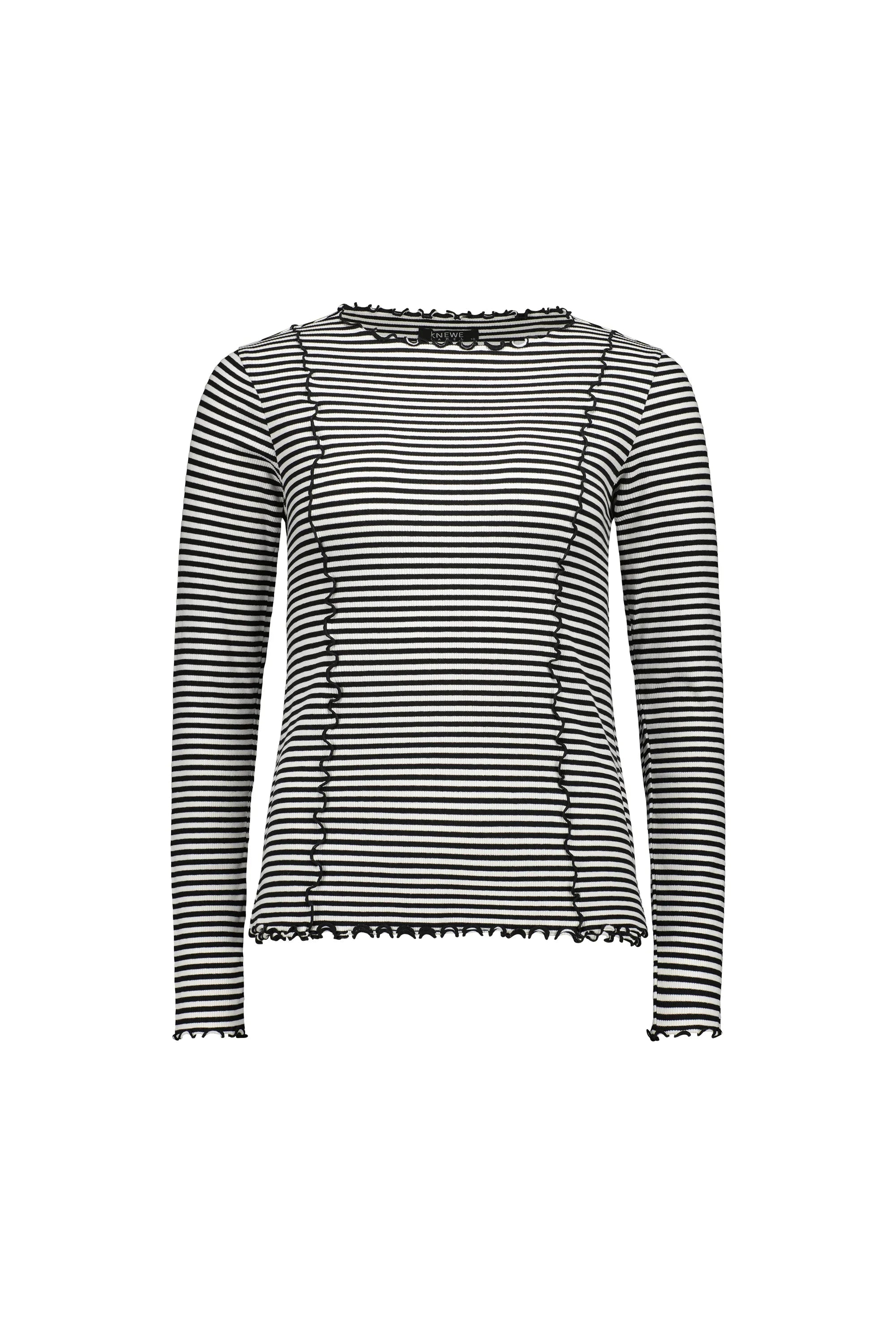Black and off-white striped long sleeve top with lettuce edge hem and seam details