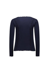 Navy long sleeve ribbed knit top with ruffled seams and scalloped edges, back view