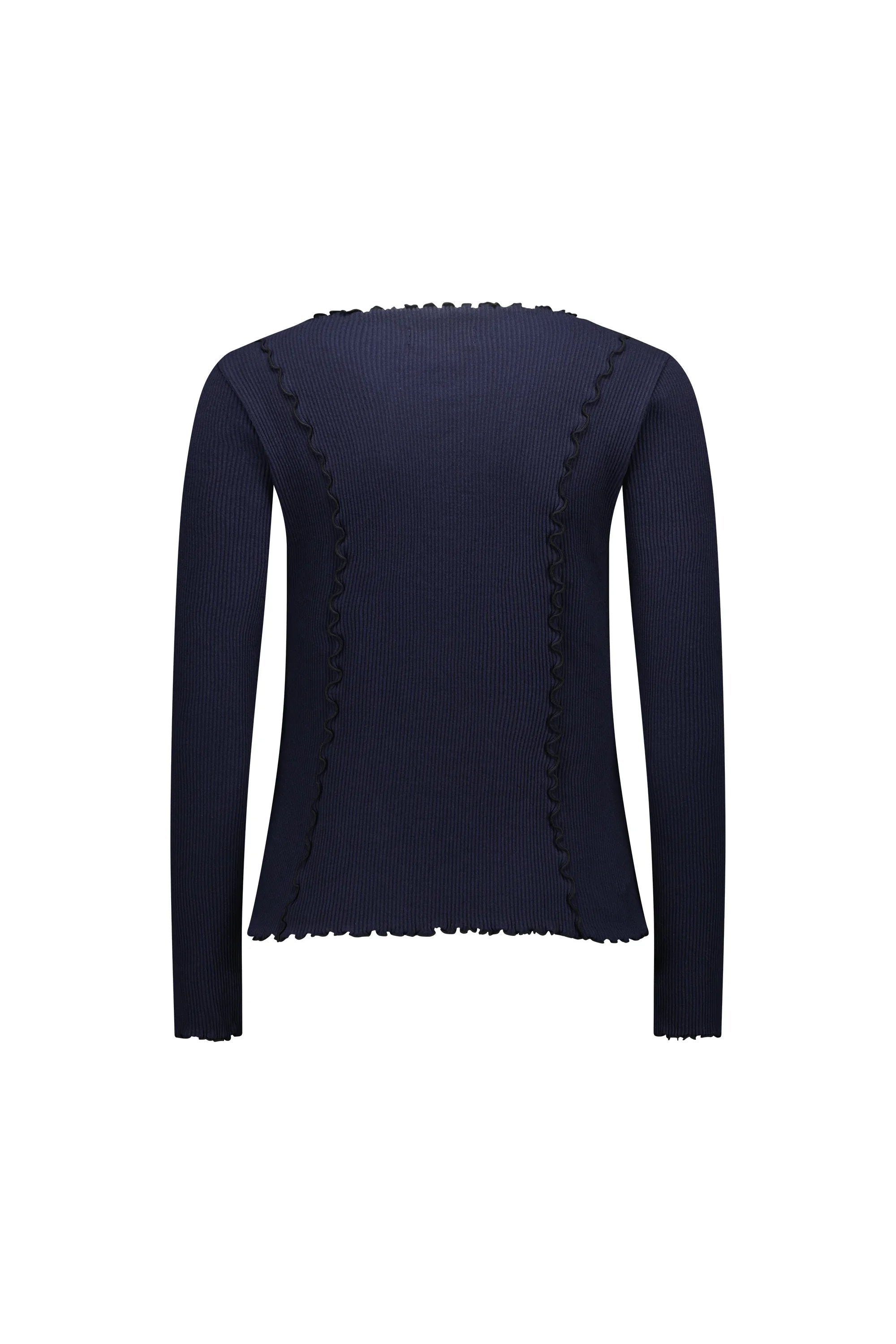 Navy long sleeve ribbed knit top with ruffled seams and scalloped edges, back view