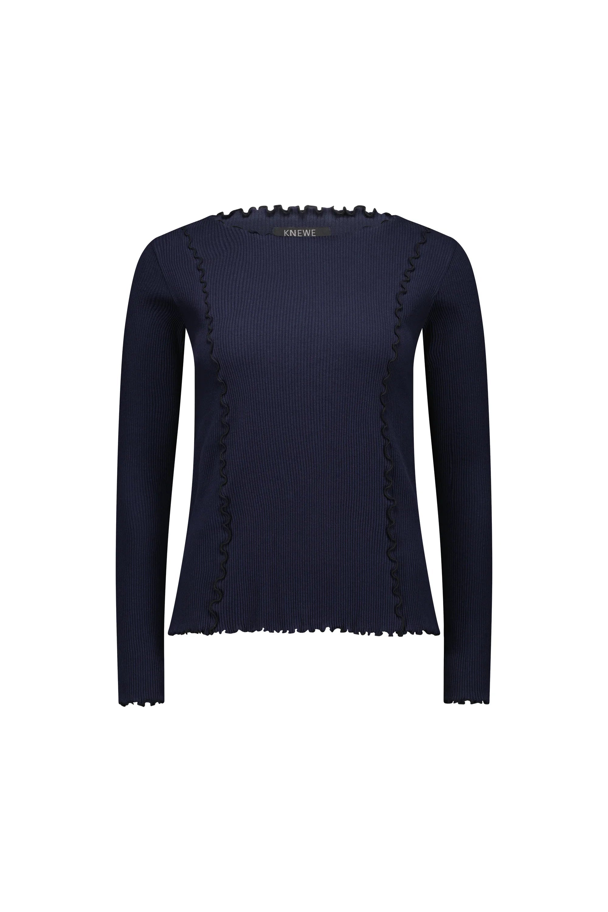 Navy long sleeve ribbed knit top with ruffled seams and lettuce edge details